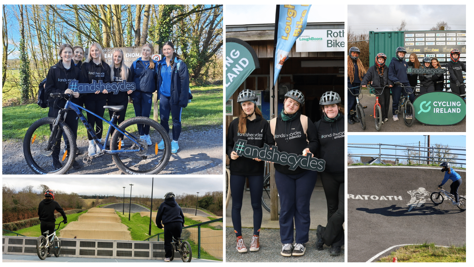 A collage of female secondary school students participating in cycling workshops.